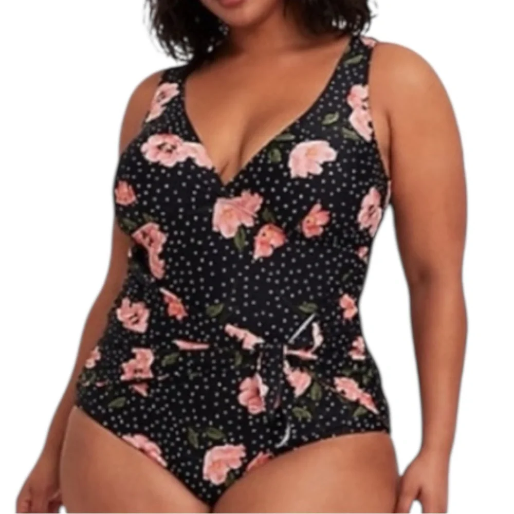 Torrid Floral & Polka Dot Tie Front Waist Wireless One Piece Swimsuit Size 3X - Picture 3 of 16
